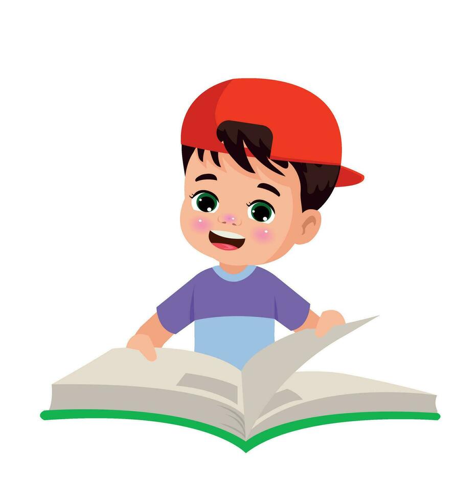 mignonne content garçon en train de lire une livre vecteur