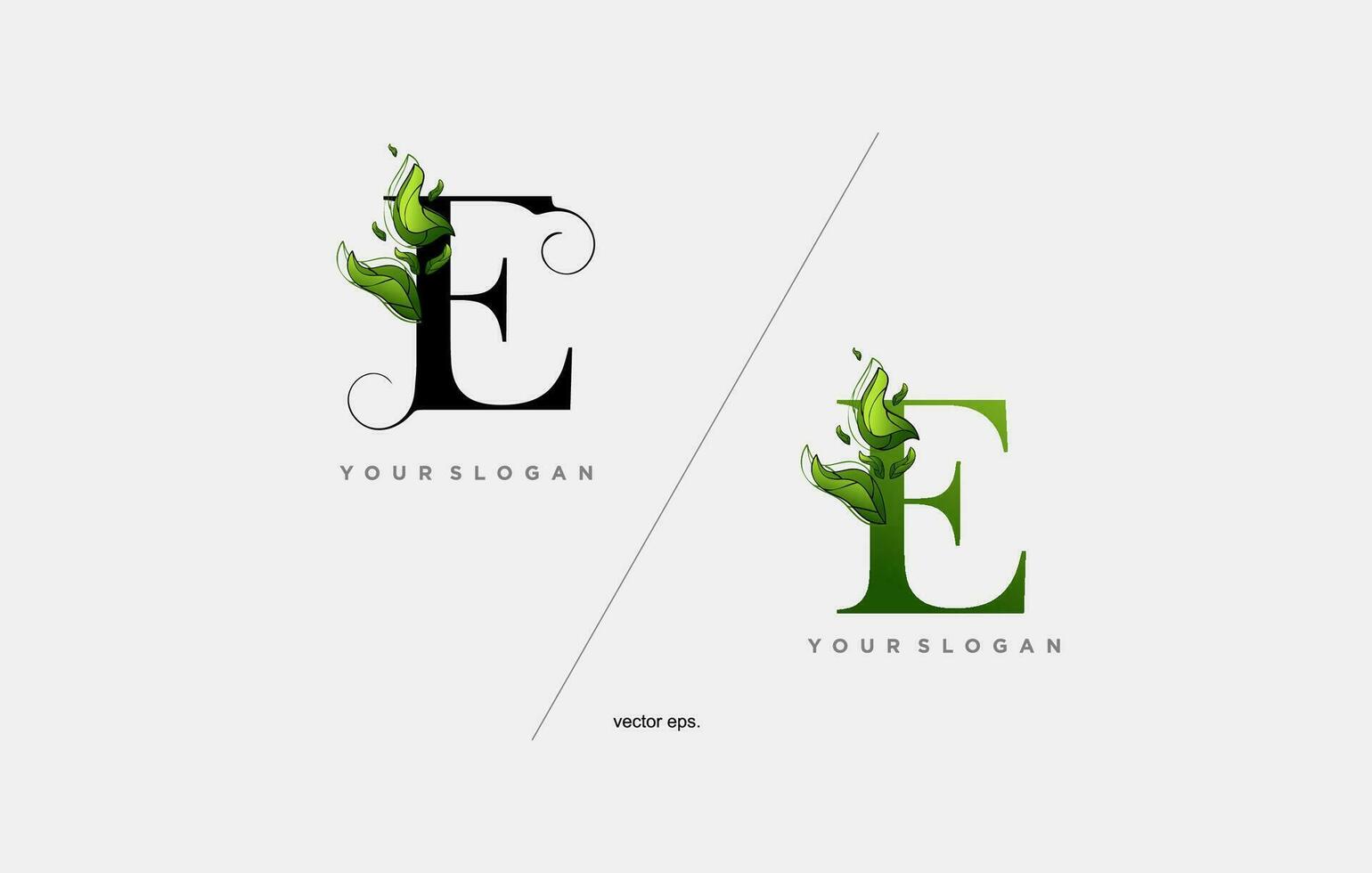 une vert lettre e avec feuilles et feuilles vecteur