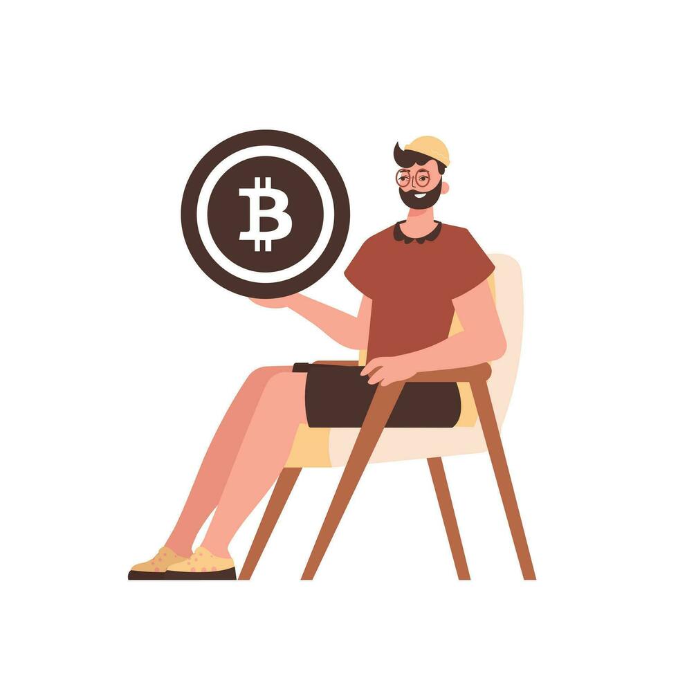 le gars est assis dans une chaise et détient une bitcoin dans le forme de une pièce de monnaie dans le sien mains. personnage avec une moderne style. vecteur