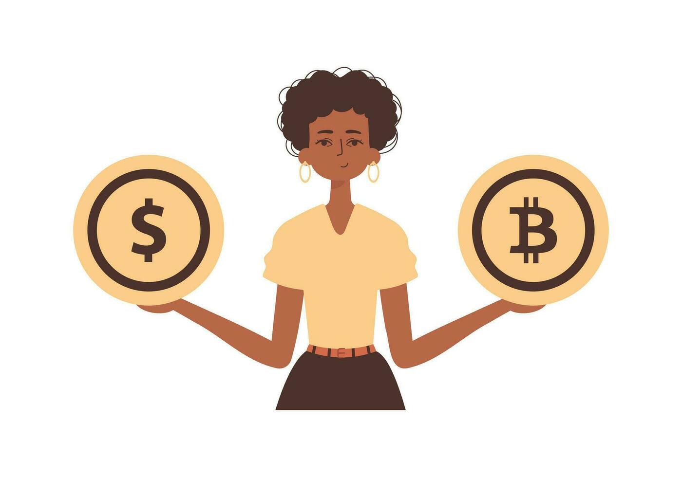 une femme détient une pièce de monnaie de bitcoin et dollar dans sa mains. personnage dans moderne branché style. vecteur