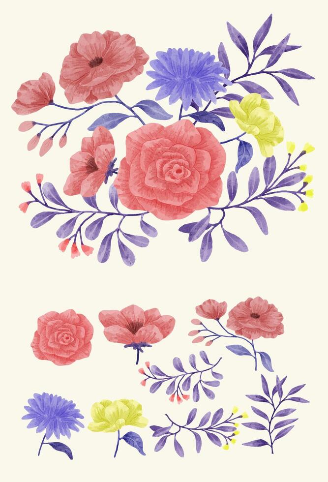 un ensemble de fleurs peintes à l'aquarelle pour diverses cartes et cartes de vœux. vecteur