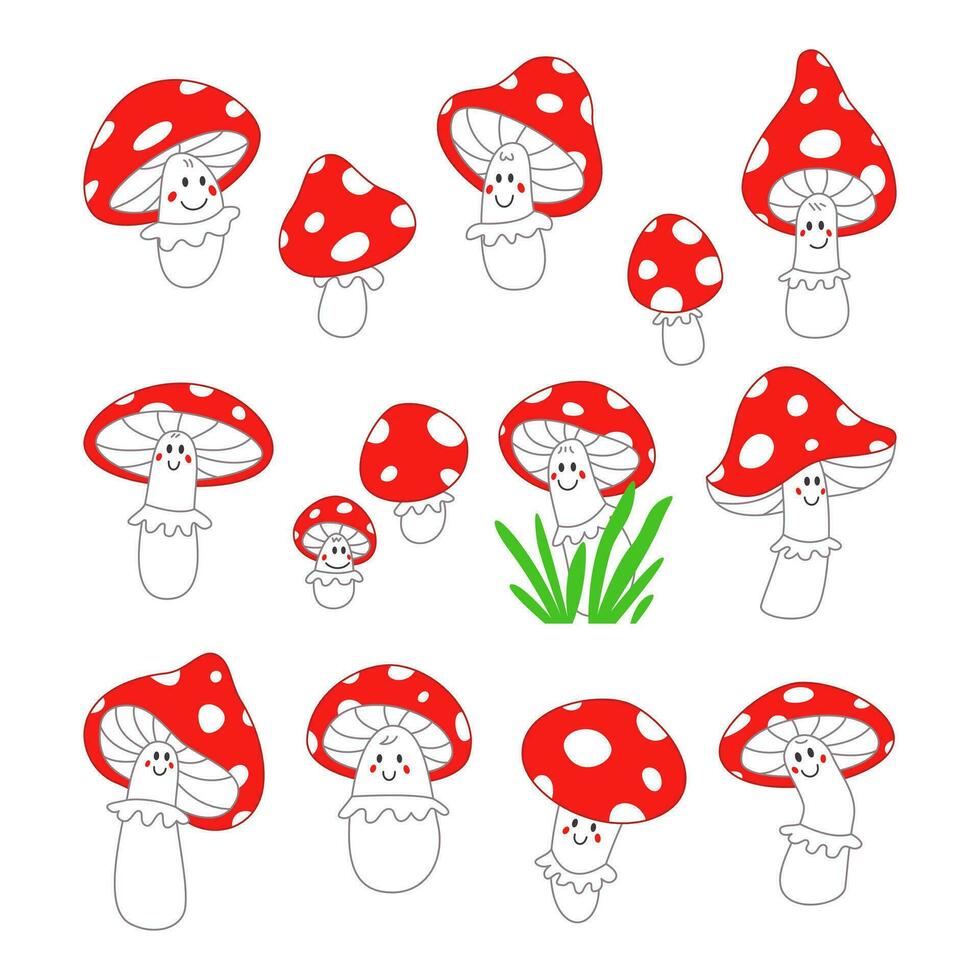 ensemble de mignonne mouche agarics, dessin animé personnages de différent tailles. marrant champignons avec une charmant affronter. plat vecteur illustration isolé sur blanc Contexte pour des gamins