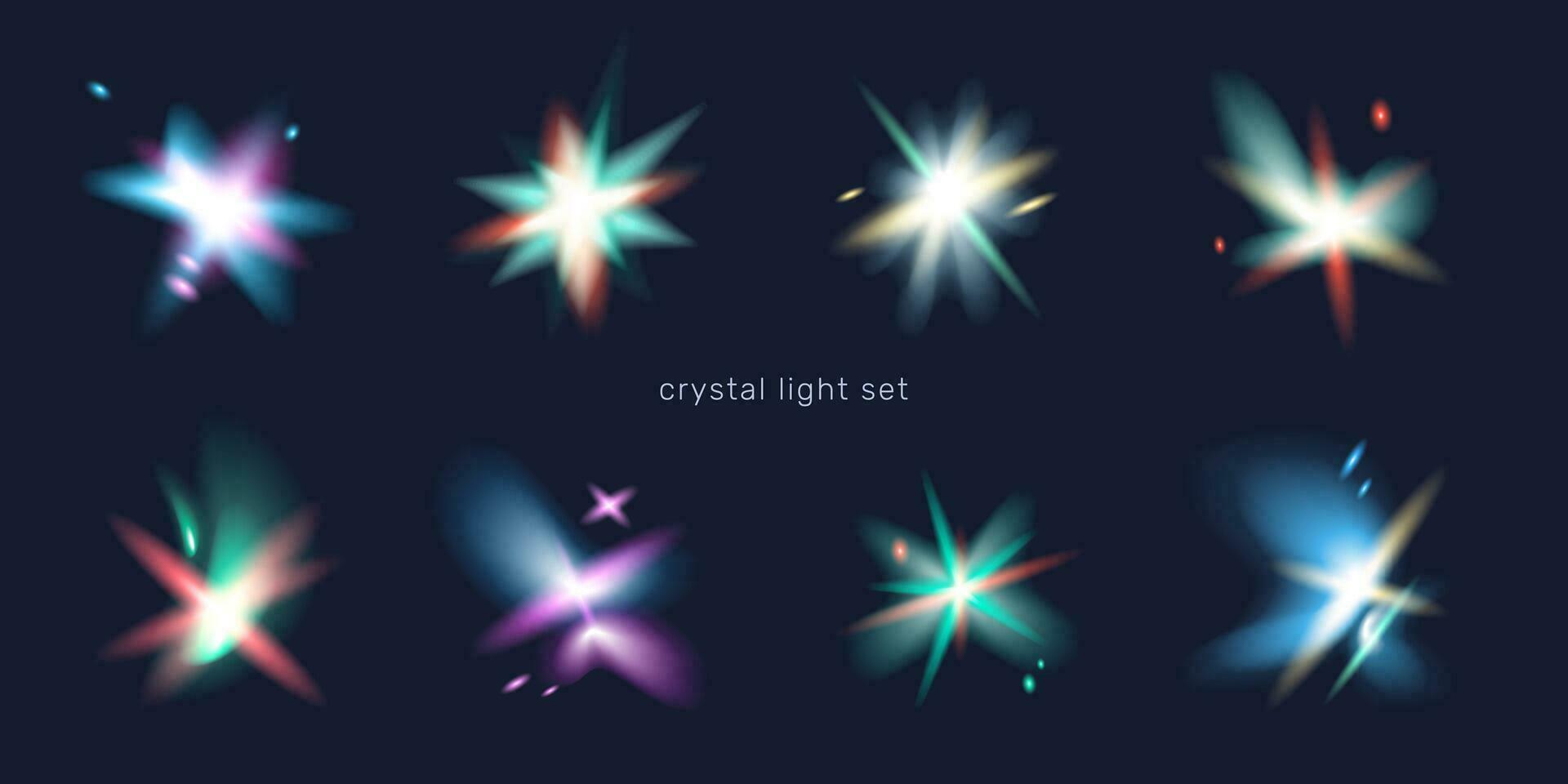 ensemble de transparent coloré lumière cristaux, des coups de soleil, caustique lumières sur une foncé Contexte. vecteur illustration.