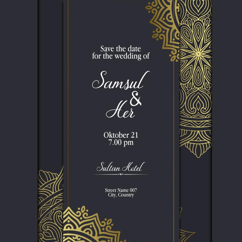 fond orné de mandala d'or de luxe pour l'invitation de mariage, couverture de livre avec vecteur libre de style d'élément de mandala