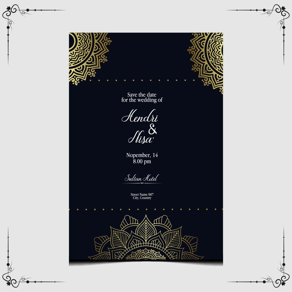 fond orné de mandala d'or de luxe pour l'invitation de mariage, couverture de livre avec vecteur libre de style d'élément de mandala