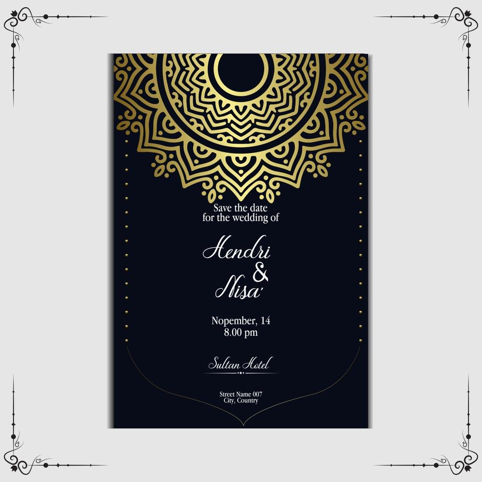 fond orné de mandala d'or de luxe pour l'invitation de mariage, couverture de livre avec vecteur libre de style d'élément de mandala