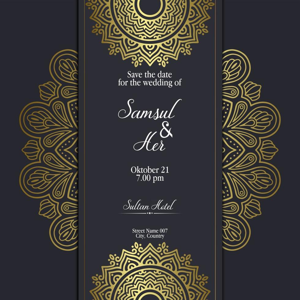 fond orné de mandala d'or de luxe pour l'invitation de mariage, couverture de livre avec vecteur libre de style d'élément de mandala