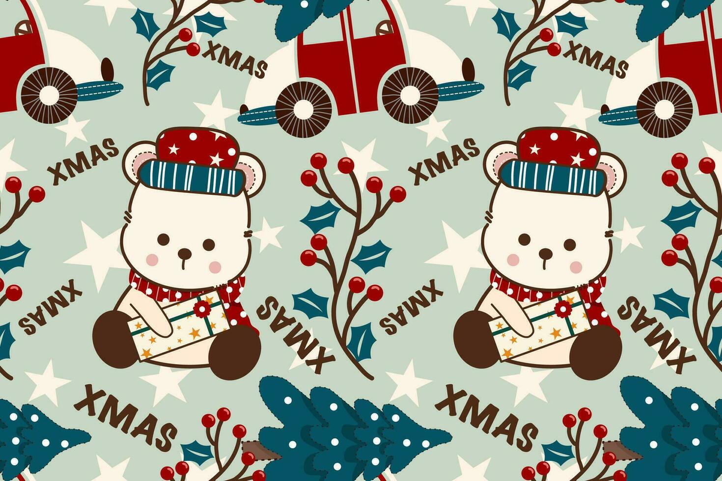 Noël sans couture modèle sur vert background.seamless modèle de polaire ours, baies, arbre, voiture, star.cartoon personnage main tiré vecteur illustration.design pour texture, tissu, vêtements, emballage papier.