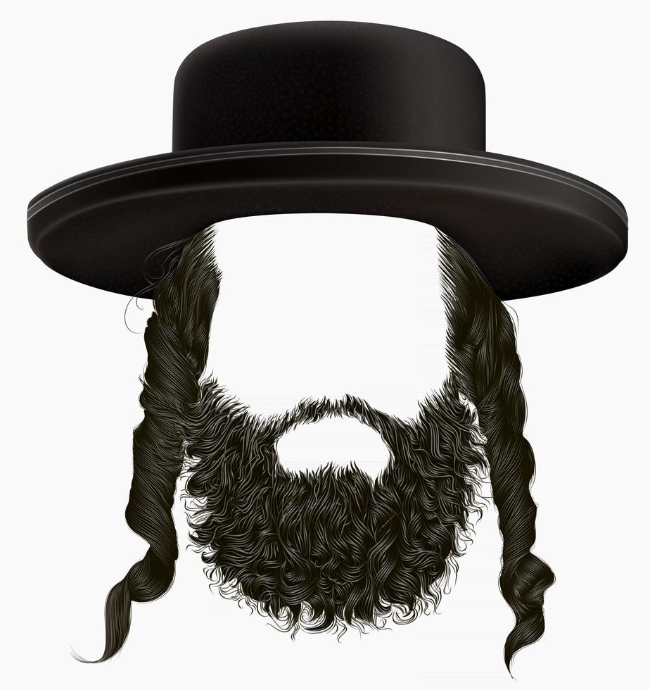 cheveux noirs avec barbe. masque perruque juif hassid au chapeau. vecteur