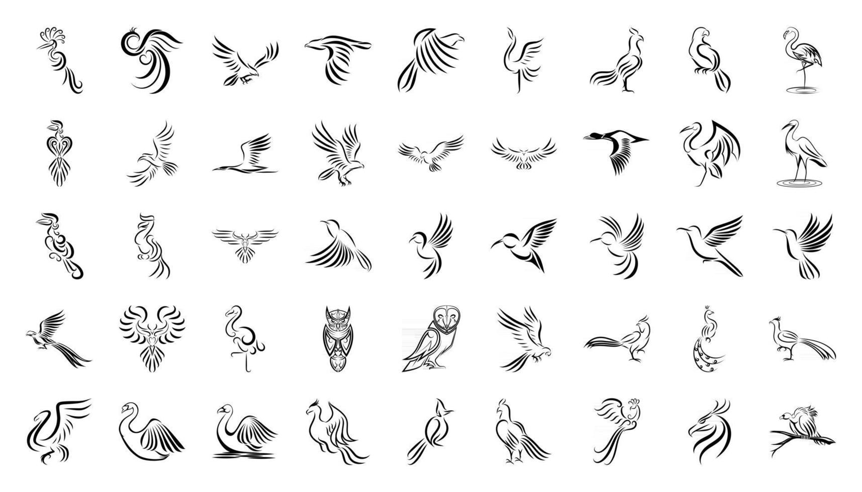 jeu d'icônes d'art en ligne d'oiseaux vecteur