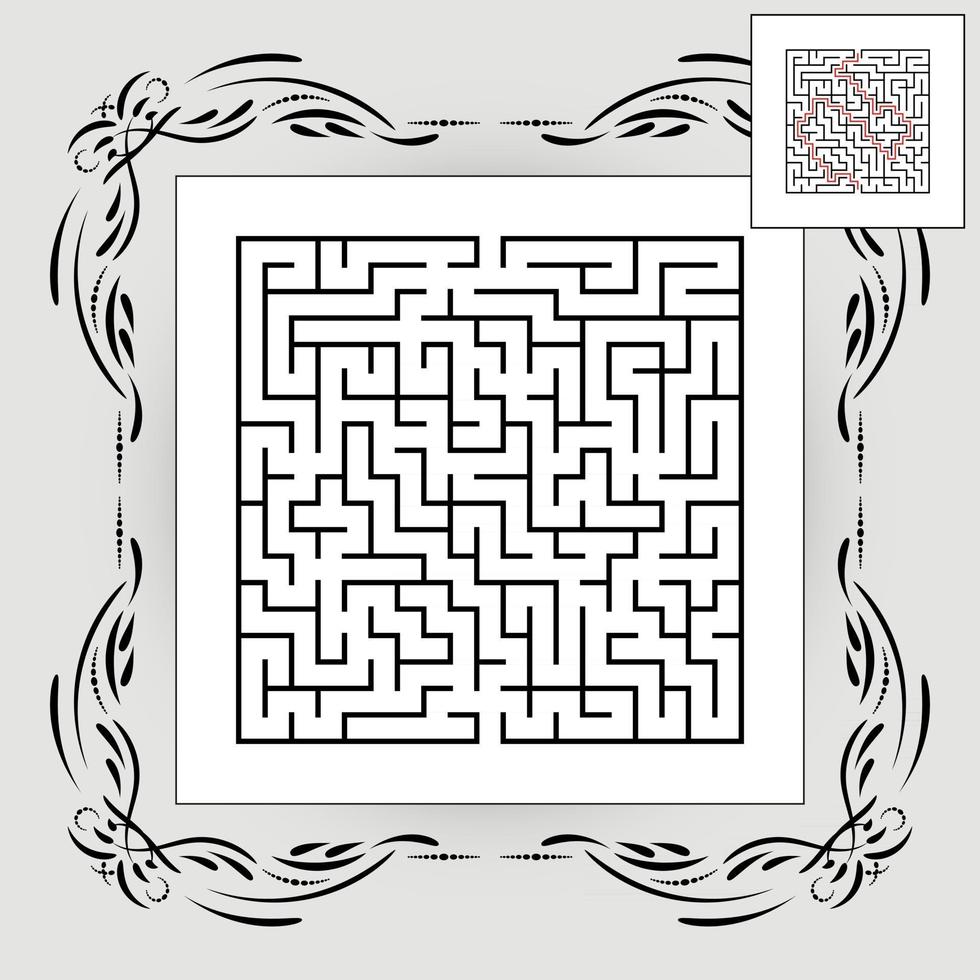 labyrinthe carré abstrait dans un cadre vintage. jeu pour les enfants. casse-tête pour les enfants. une entrée, une sortie. énigme du labyrinthe. illustration vectorielle plane isolée sur fond blanc. avec réponse. vecteur