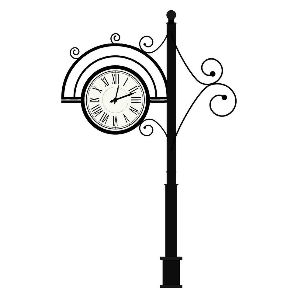 rue rétro l'horloge sur pôle. ancien antique horloge, l'horloge visage vecteur. illustration de rue élément avec boucles décoration vecteur