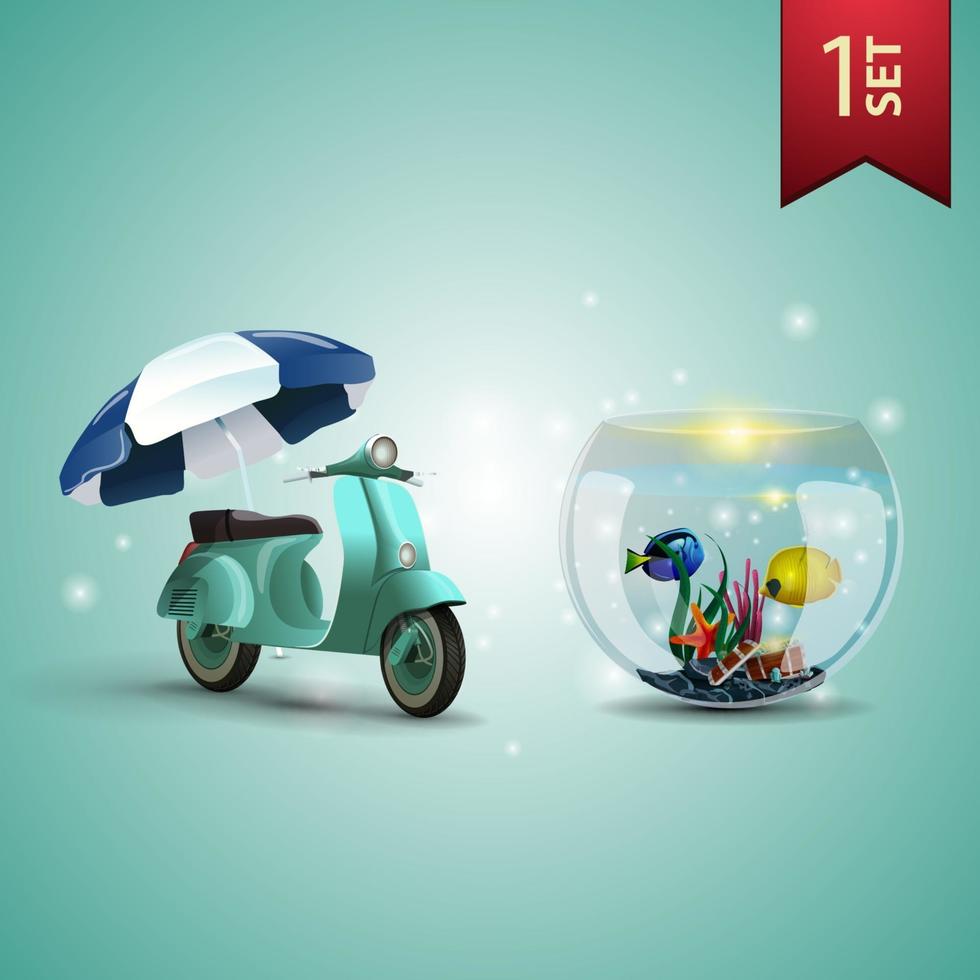 ensemble d'icônes d'été volumétriques 3d pour vos arts, scooter avec parasol et aquarium rond avec poissons vecteur