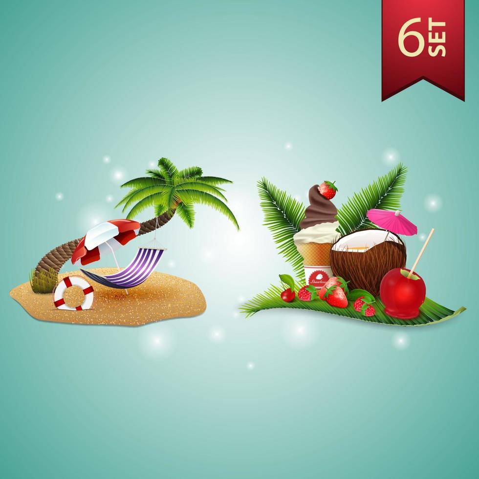 ensemble d'icônes d'été volumétriques 3d pour vos arts, palmier, hamac, parasol, cocktail de noix de coco, fraise, framboise, cerise et crème glacée sur feuille de palmier vecteur