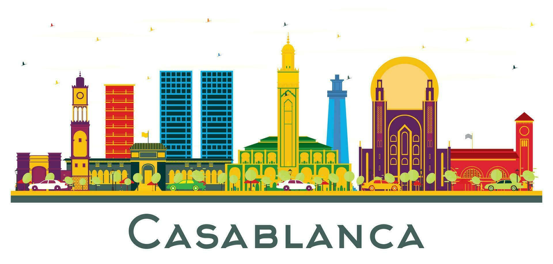 skyline de la ville de casablanca maroc avec des bâtiments de couleur isolés sur blanc. vecteur