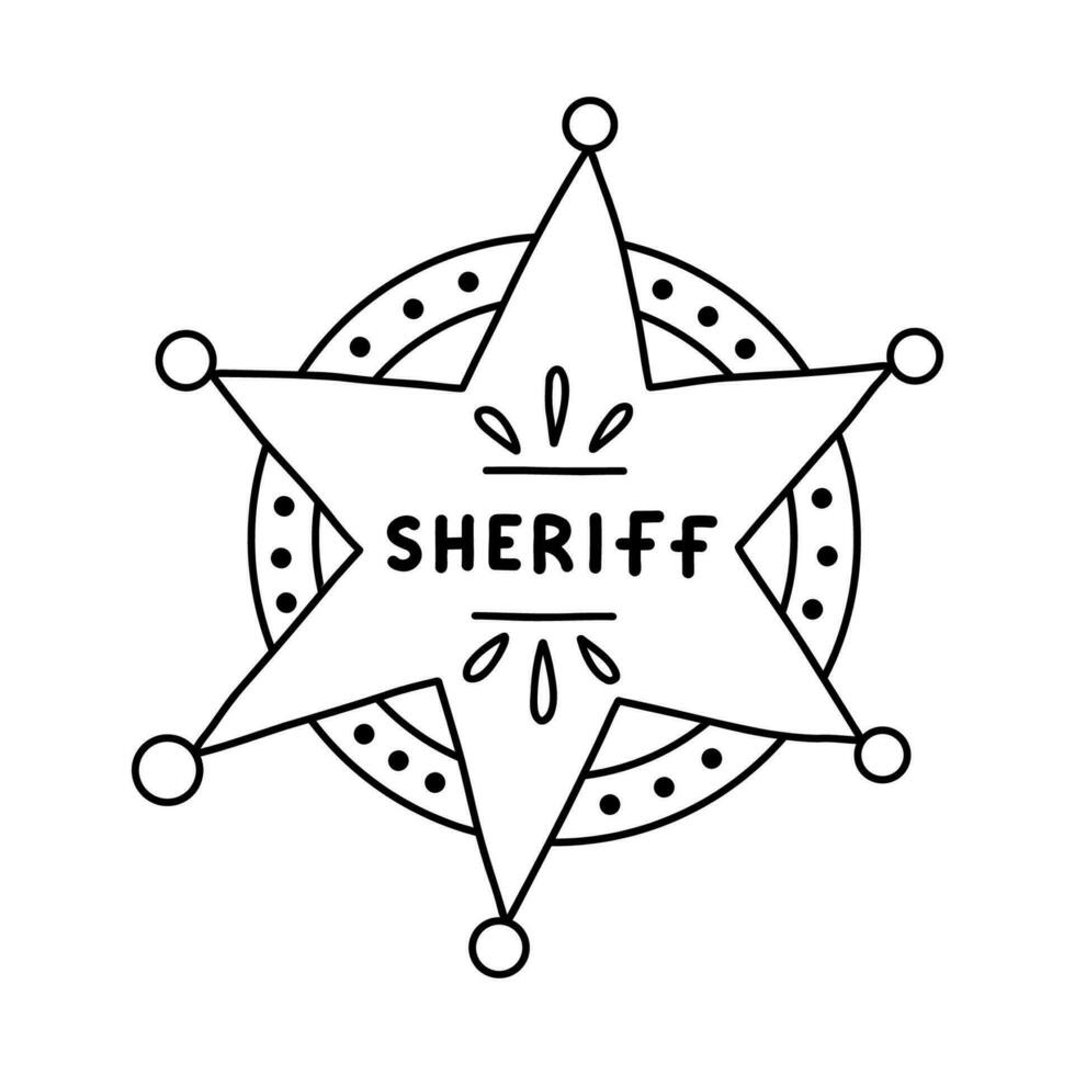 shérif badge griffonnage dans le étoile forme avec main tiré contour. mignonne hexagonal emblème de occidental police, signe de loi, sécurité, justice. sauvage Ouest cow-boy symbole avec Boucliers isolé sur Contexte. vecteur