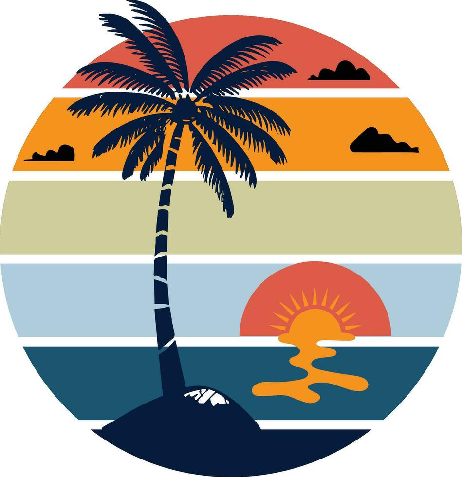 vecteur illustration de été temps mer plage avec noix de coco arbre, des nuages, horizon et réglage Soleil avant une vibrant Contexte