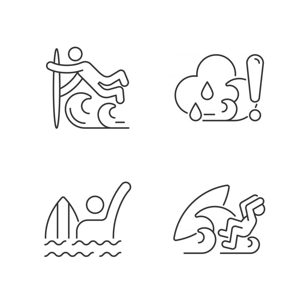 Ensemble d'icônes linéaires de sports nautiques. technique de surf superman. vérifier la météo. Signal d'urgence. symboles de contour de ligne mince personnalisables. illustrations de contour de vecteur isolé. trait modifiable