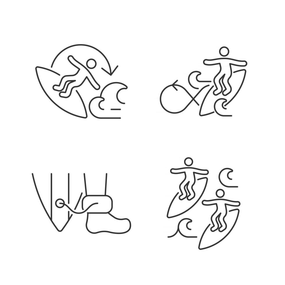 Jeu d'icônes linéaires de sports nautiques extrêmes. 360 manœuvre de surf. porter une laisse de planche de surf. attraper des vagues. symboles de contour de ligne mince personnalisables. illustrations de contour de vecteur isolé. trait modifiable