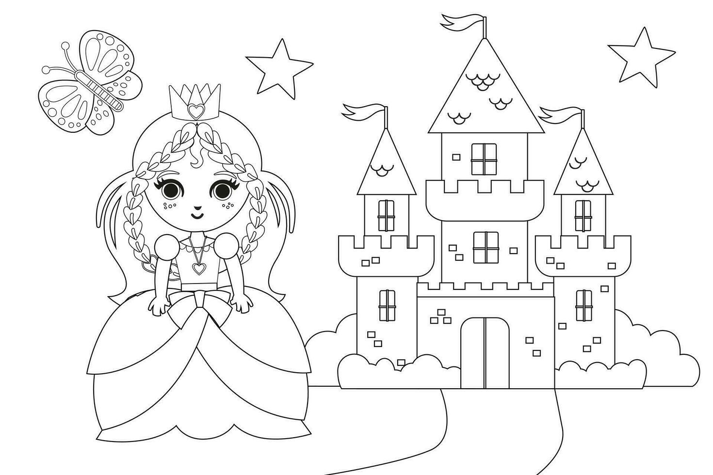 mignonne Princesse Fée avec Château et Fée terre vecteur dessin animé isolé contes de fées illustration coloration livre page pour les enfants