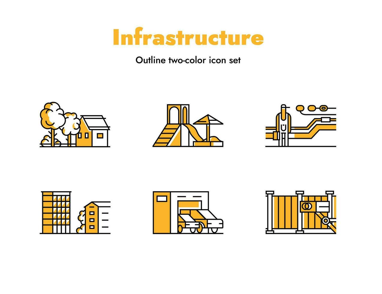 construction site conception éléments. Infrastructure et Agréments bicolore contour icône ensemble. vecteur