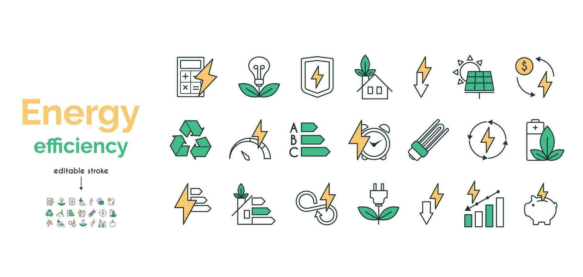 énergie Efficacité icône ensemble. calculatrice, économie d'énergie lumière ampoule, porcin banque, solaire panneau, circulaire économie, batterie, Accueil isolation, énergie classe vecteur illustration Jaune et vert.