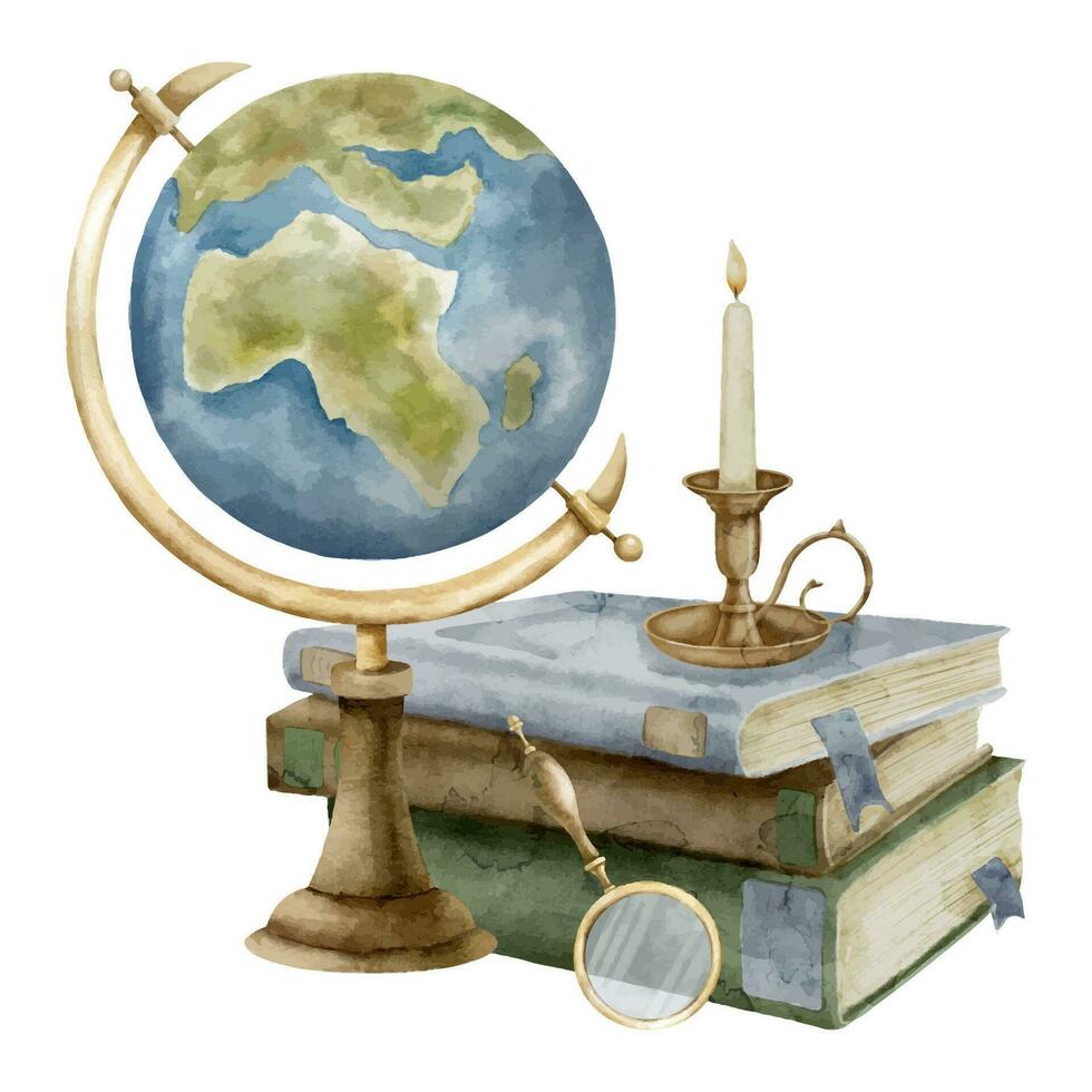 globe et livres. aquarelle illustration de une empiler de la géographie des cahiers et manuels avec une ancien bougie. main tiré sur isolé Contexte. dessin de connaissance et éducation objets vecteur