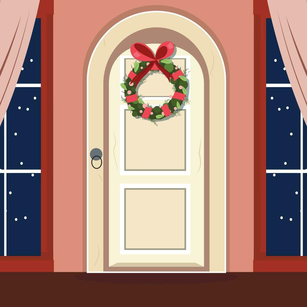 nuit Noël illustration avec une porte décoré avec une pin couronne et les fenêtres sur le la gauche et droite vecteur