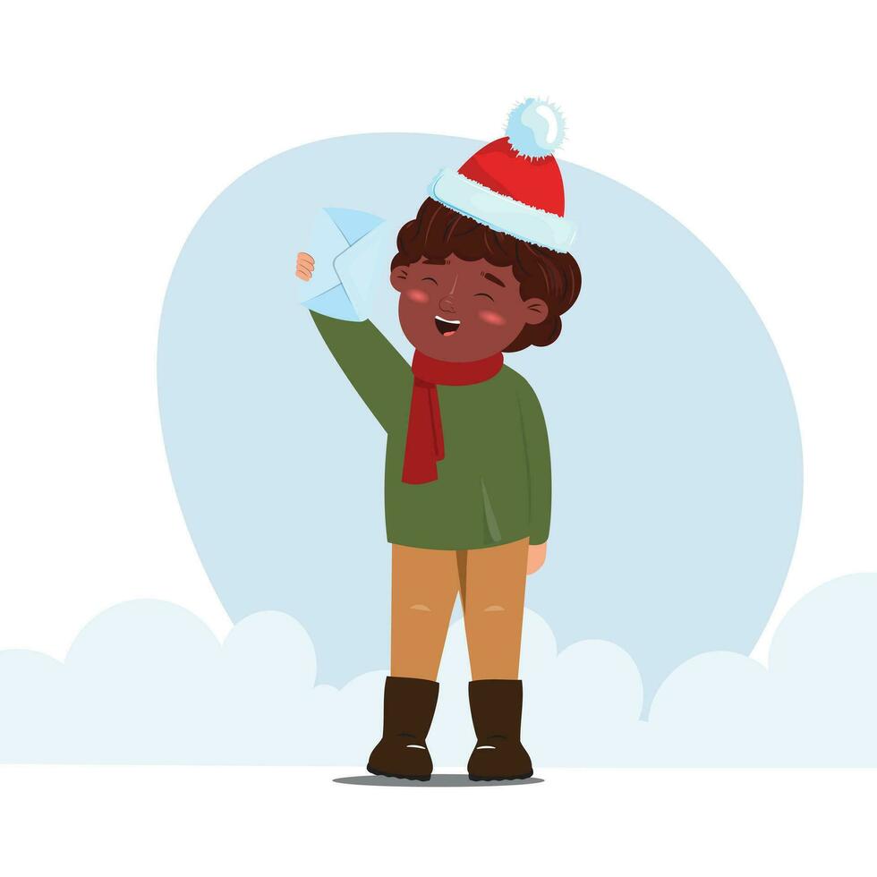 Noël illustration de une noir garçon en portant un enveloppe avec le sien vœux. lettre à Père Noël claus vecteur