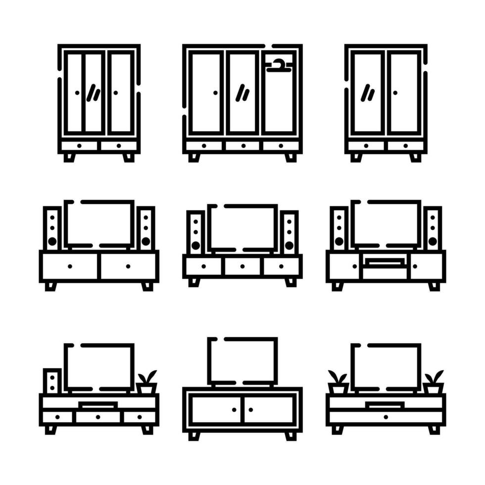 en bois la télé table et garde-robe meubles ligne icône ensemble vecteur