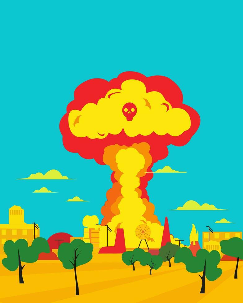 nucléaire explosion dans ville, vecteur plat illustration. atomique guerre attaque. global catastrophe.