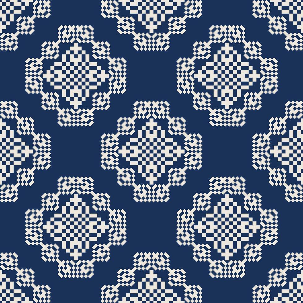 géométrique bleu blanc broderie modèle. géométrique floral carré forme sans couture modèle pixel art style. ethnique géométrique modèle utilisation pour textile, fond d'écran, coussin, tapisserie, emballage, etc. vecteur