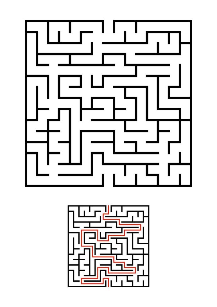 labyrinthe carré abstrait. jeu pour les enfants. casse-tête pour les enfants. une entrée, une sortie. énigme du labyrinthe. illustration vectorielle plane simple isolée sur fond blanc. avec réponse. vecteur