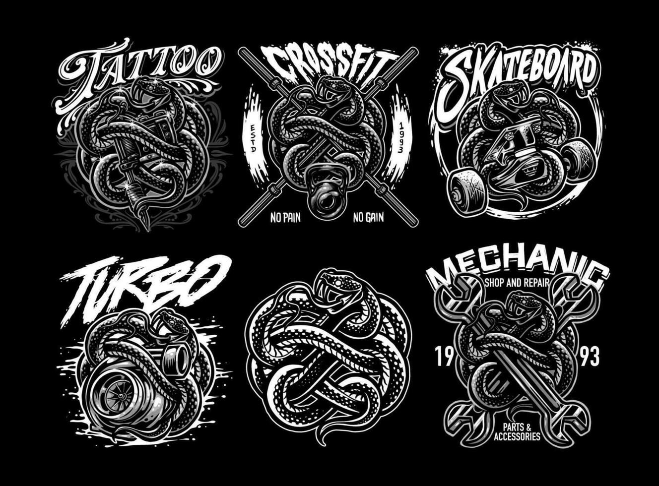 serpent mascotte badge logo ensemble niveaux de gris vecteur