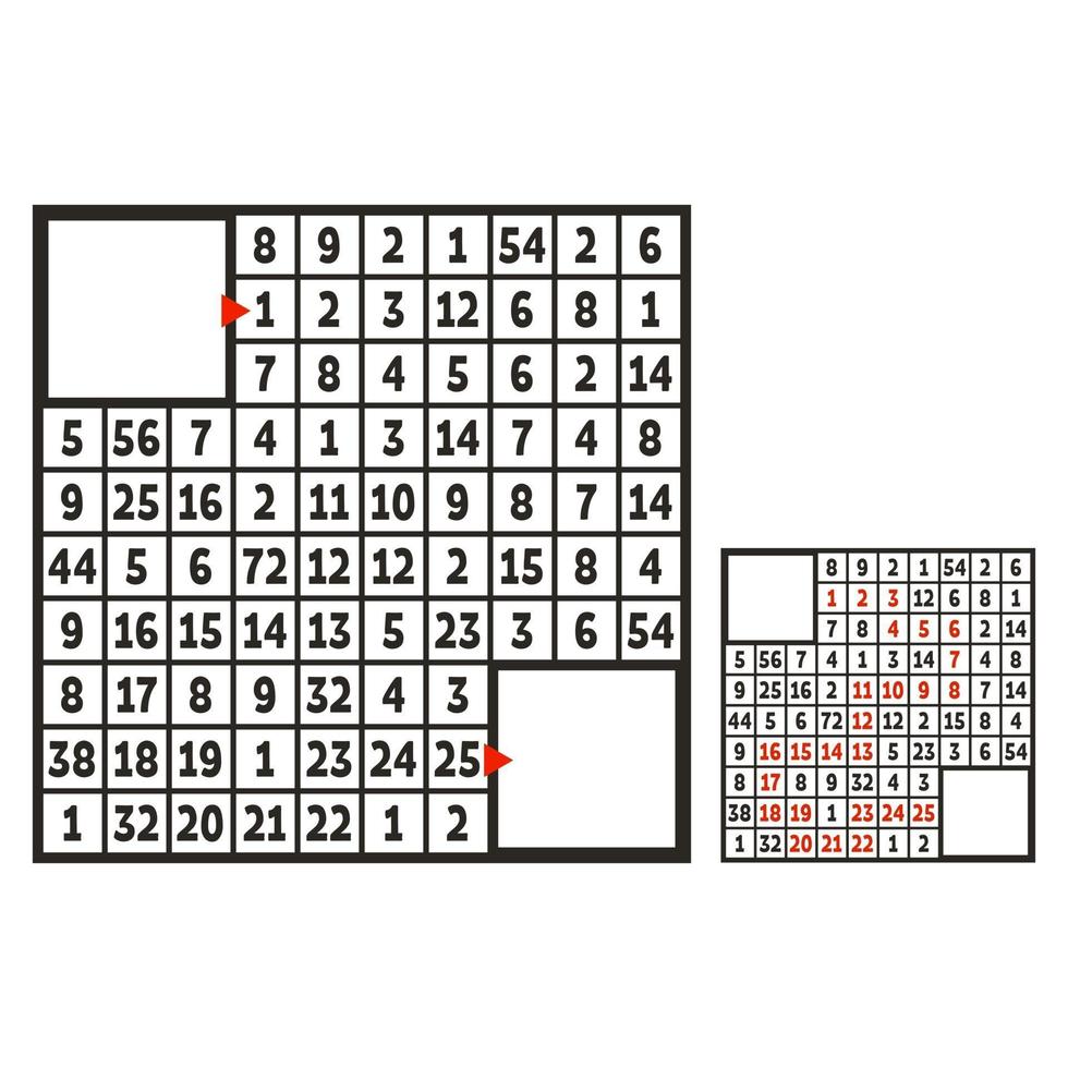 labyrinthe carré mathématique. jeu pour les enfants. casse-tête pour les enfants. l'étude des nombres. énigme du labyrinthe. illustration vectorielle plane isolée sur fond blanc. avec réponse. avec place pour votre image. vecteur