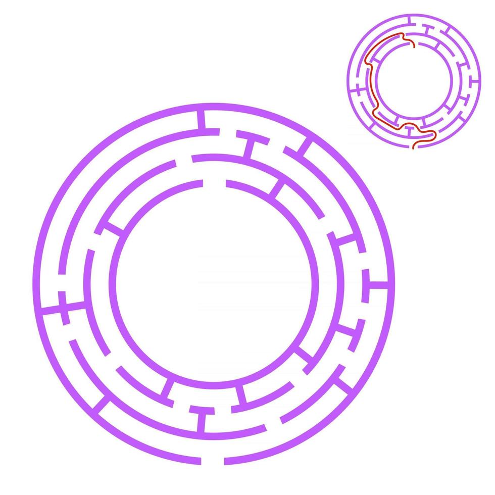 labyrinthe rond abstrait. jeu pour les enfants. casse-tête pour les enfants. une entrée, une sortie. énigme du labyrinthe. illustration vectorielle plane isolée sur fond blanc. avec réponse. vecteur