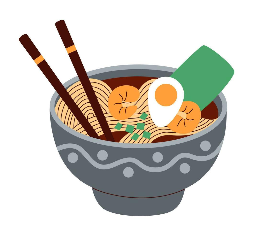 bol avec ramen servi avec baguettes. Japonais nouille soupe avec crevettes, Oeuf et nori. traditionnel asiatique aliments. plat vecteur illustration.