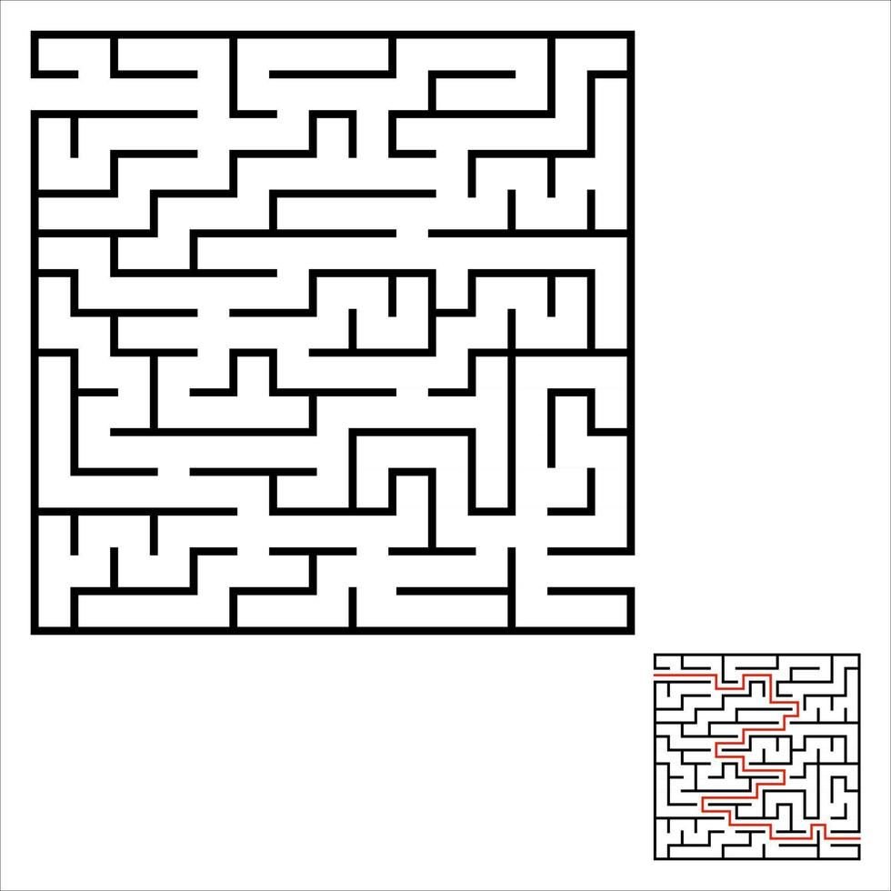 labyrinthe carré abstrait. un jeu intéressant et utile pour les enfants. casse-tête pour enfants. énigme du labyrinthe. illustration vectorielle plane simple isolée sur fond de couleur. avec la réponse. vecteur