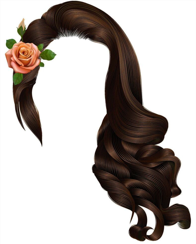 femme longue frisé Cheveux avec fleur.beige rose.marron brunette couleurs.rétro style. beauté mode. réaliste 3d. vecteur