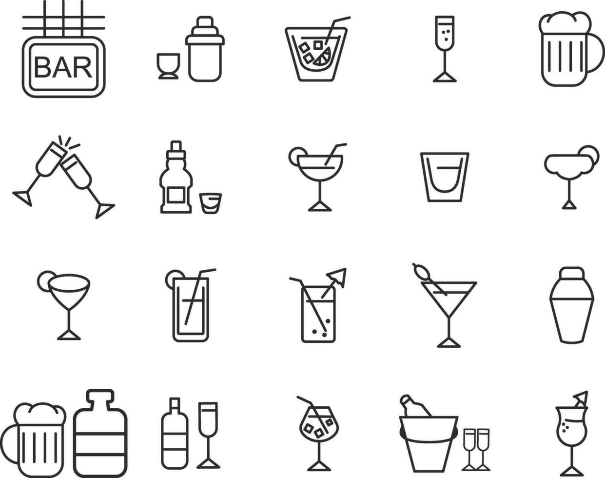 jeu d'icônes d'alcool et de cocktails. collection d'icônes Web linéaires simples telles que verres, spiritueux, bière, bar, champagne, whisky, vin, etc. trait vectoriel modifiable.