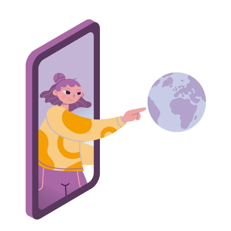 fille touche le globe par une téléphone intelligent, dessin animé style. concept de global l'Internet communication, lien avec le entier monde et Voyage. branché vecteur isolé illustration, plat