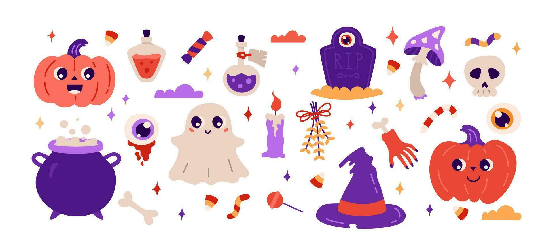 content Halloween collection. mignonne dessin animé vecteur illustration avec la magie chapeau, citrouille, bonbons, bougie, crâne, champignon, potion, pierre tombale, chaudron.