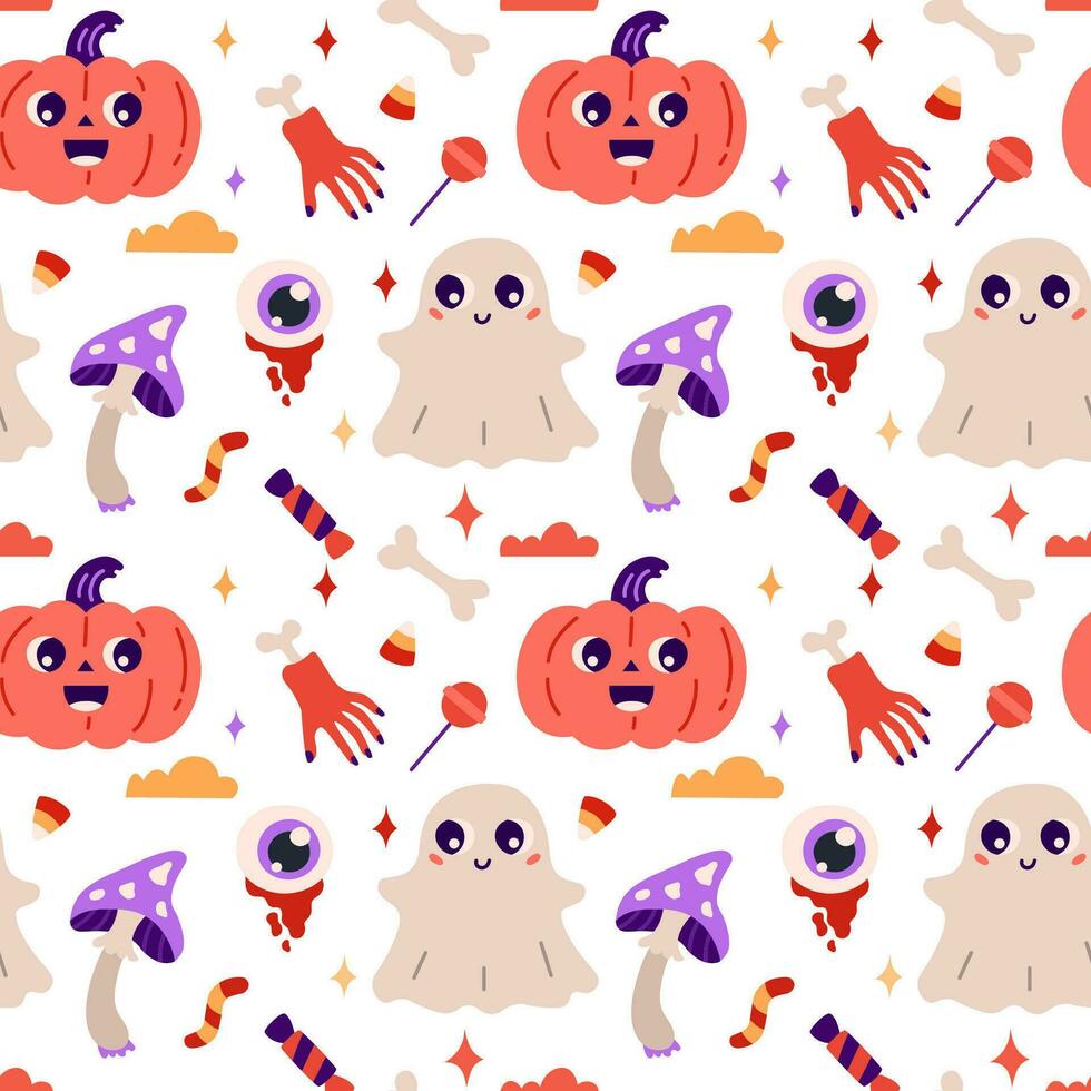 content Halloween. sans couture modèle. mignonne vecteur illustration avec citrouille, main avec os, champignon, bonbons, fantôme.