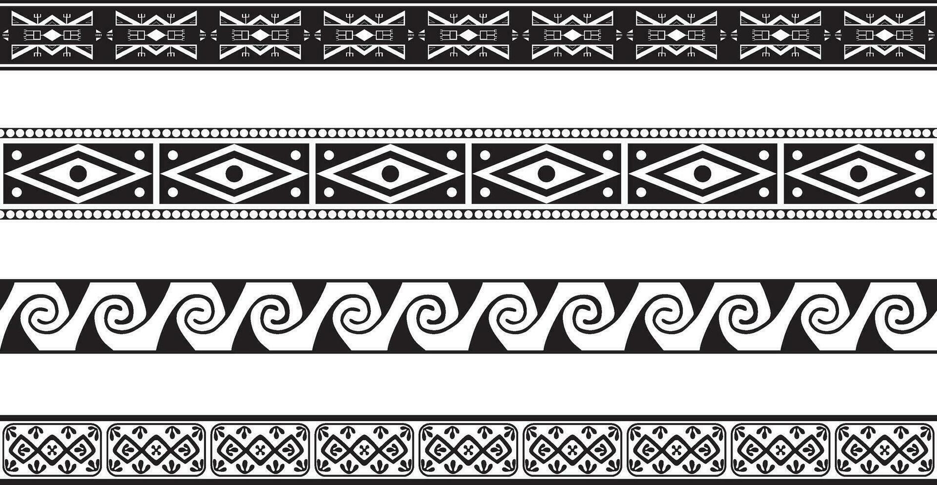 vecteur ensemble de sans couture monochrome géométrique Indien ornements. les frontières, cadres, motifs de indigène les peuples de le amériques, aztèque, Maya, incas.