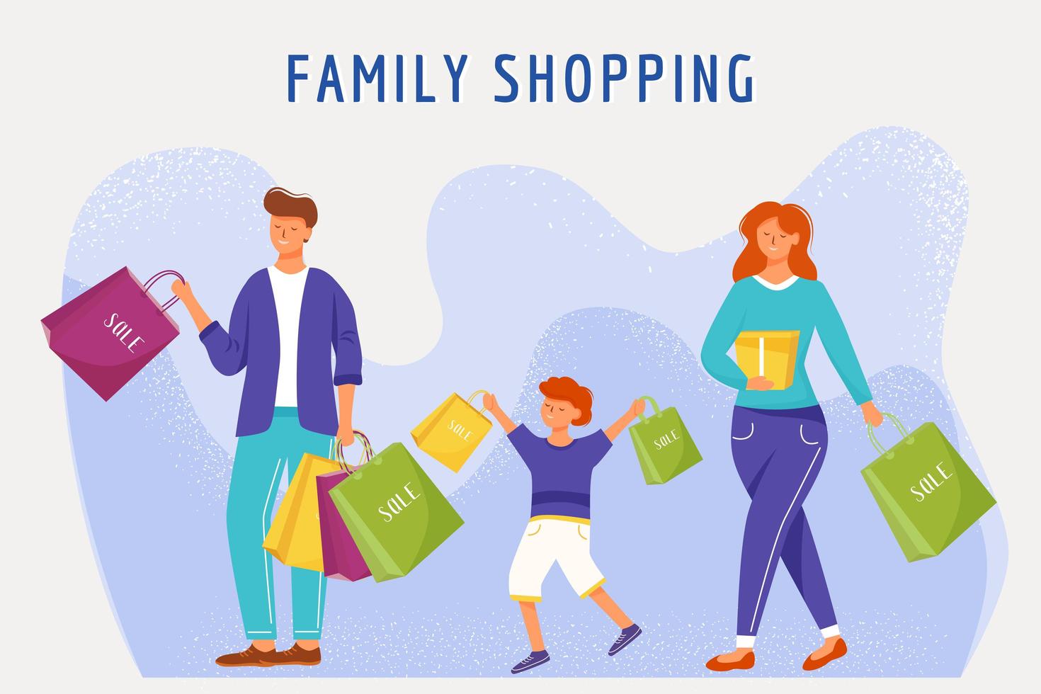 famille shopping illustration vectorielle plane. parents et fils avec des personnages de dessins animés de sacs en papier. mère, père et enfant achetant des marchandises. famille joyeuse et souriante. concept de consommation et de marchandise vecteur