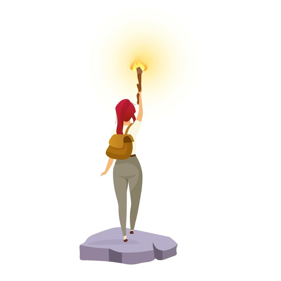 illustration vectorielle de couleur plate explorateur. aventurière avec torche. femme debout avec flambeau. routard à la recherche d'un chemin. personnage de dessin animé isolé touristique sur fond blanc vecteur