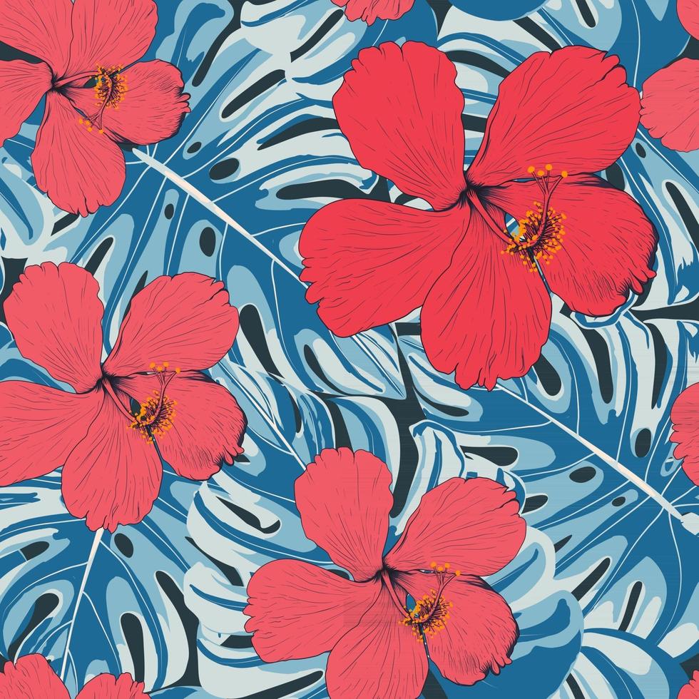 Fleurs d'hibiscus transparente motif et feuilles de monstera abstract background.vector illustration dessin au trait dessin tissu design. vecteur