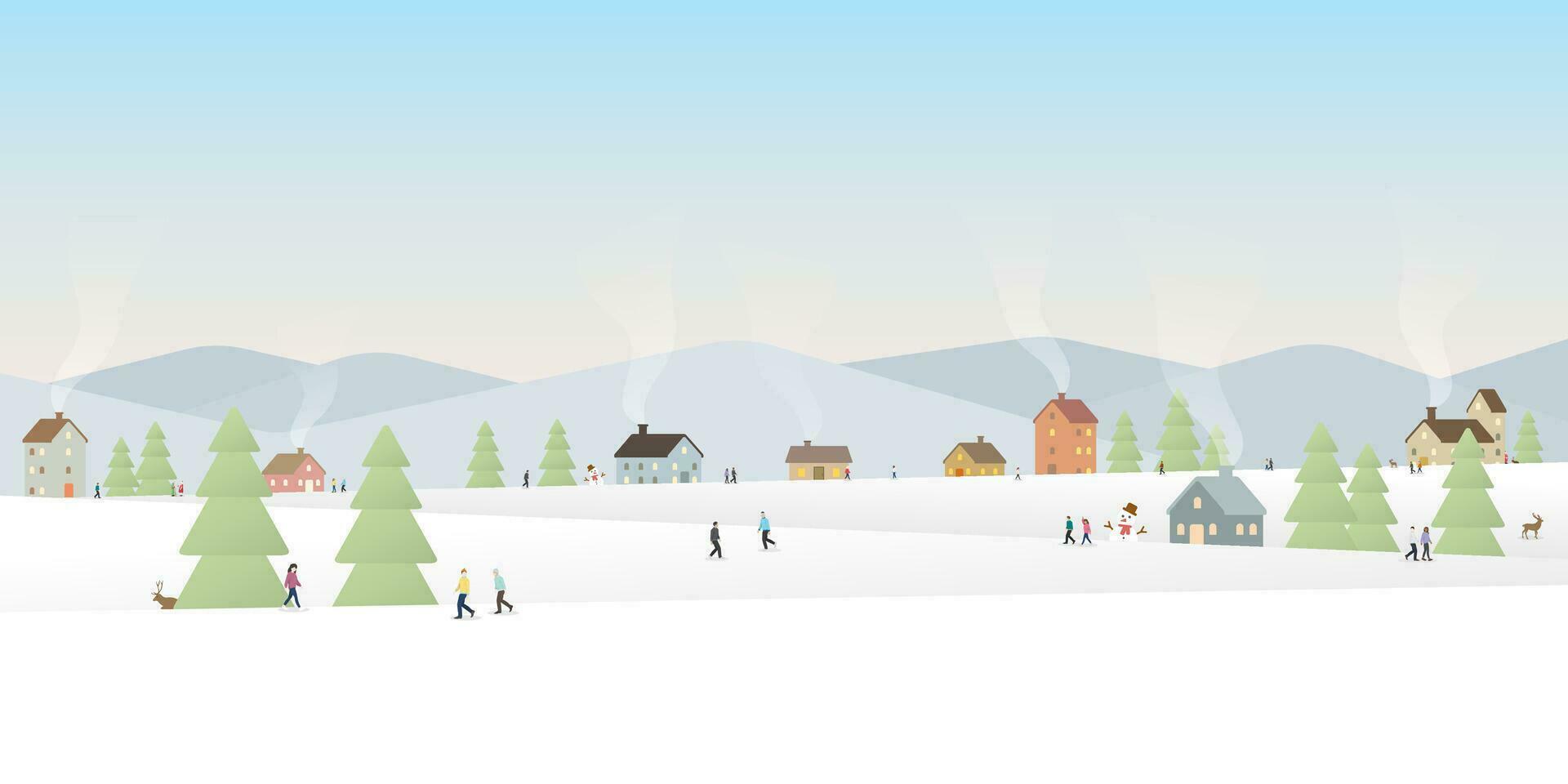 hiver paysage dans pays de neige avec gens ayant amusement dans ville vecteur illustration. joyeux Noël et content Nouveau année salutation carte modèle.