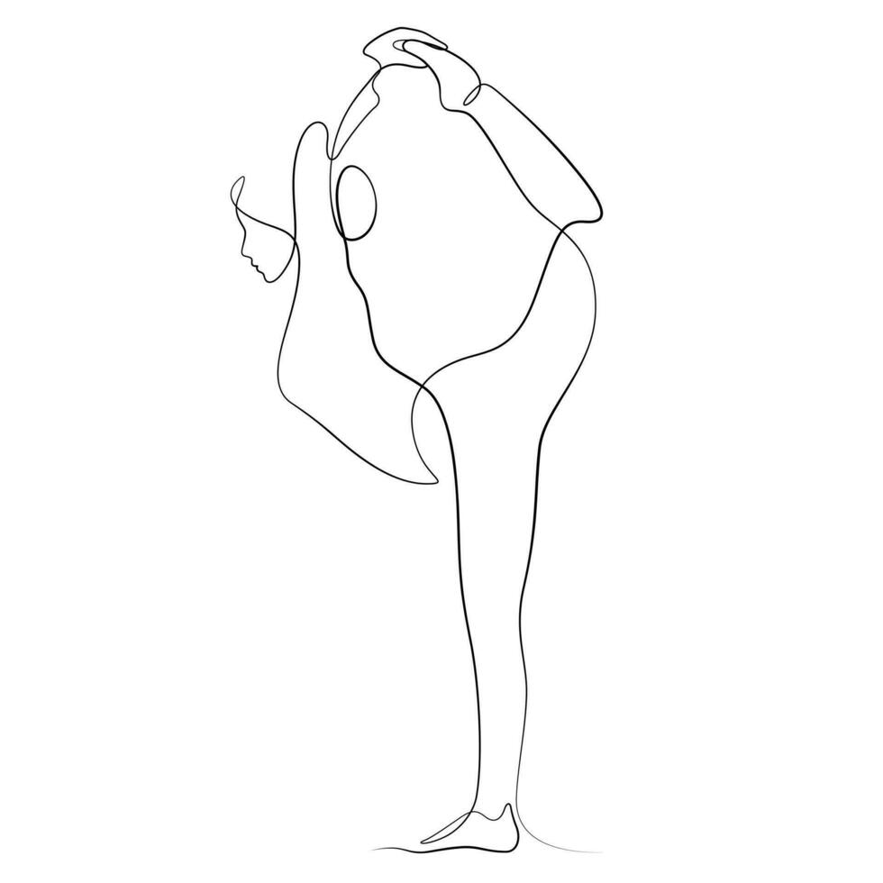 femme dans yoga pose équilibrage un ligne calligraphier vecteur illustration