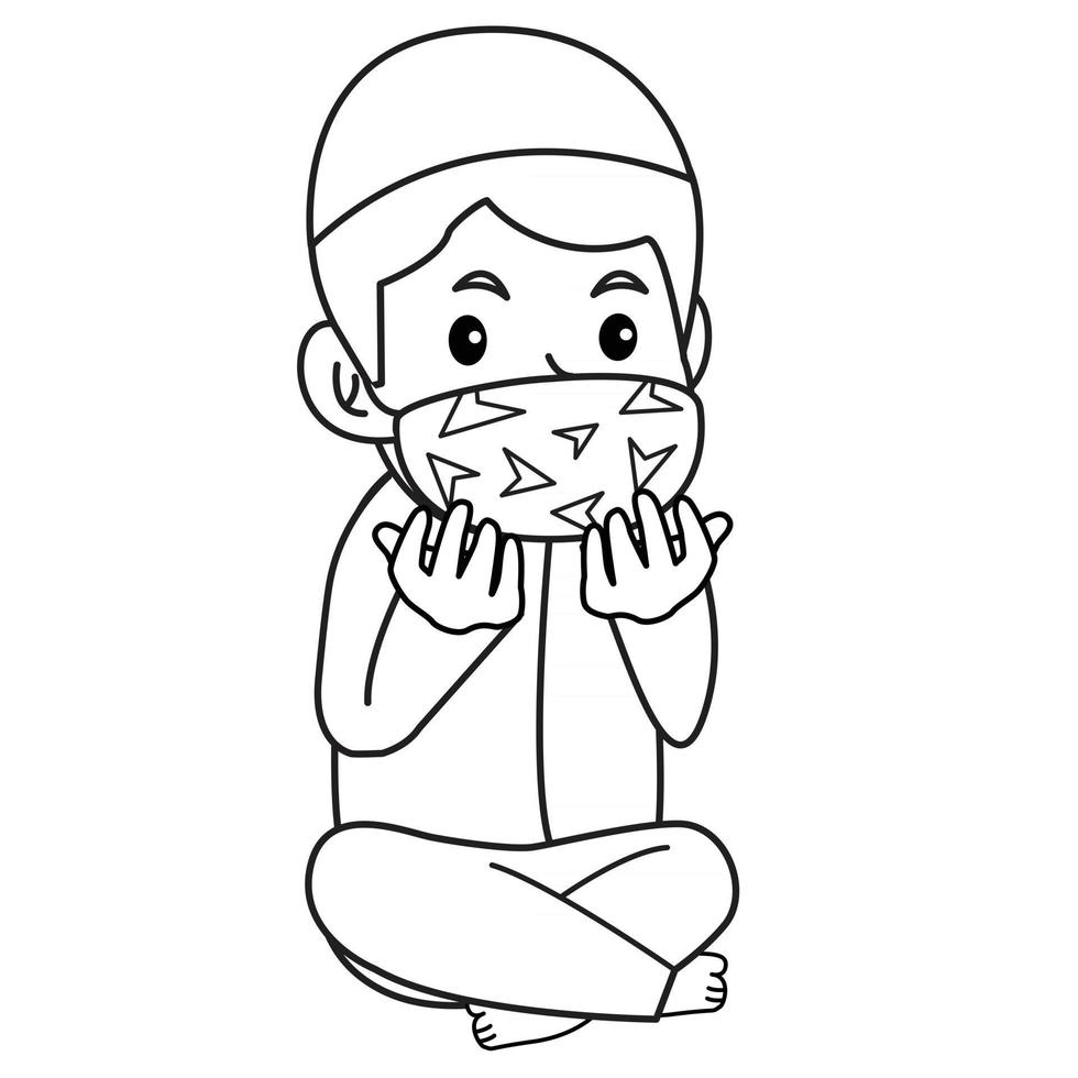 le garçon musulman utilise une chemise orange, priant dans l'iftar. nuit du ramadan, à l'aide d'un masque et d'un protocole sain. illustration de caractère. vecteur